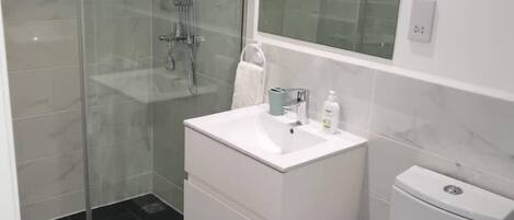 A modern bathroom with a glass-enclosed shower, a white sink, and a toilet.