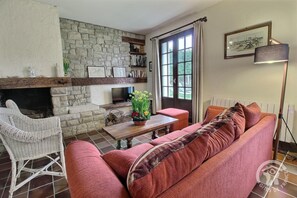 TV, fireplace, DVD player, books