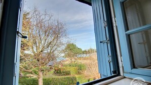 Une fenêtre donnant sur un jardin et un arbre.