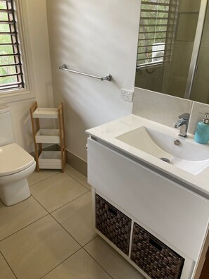 Shower, hair dryer, towels, soap