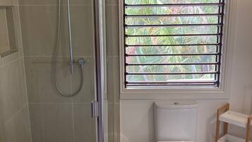 Shower, hair dryer, towels, soap