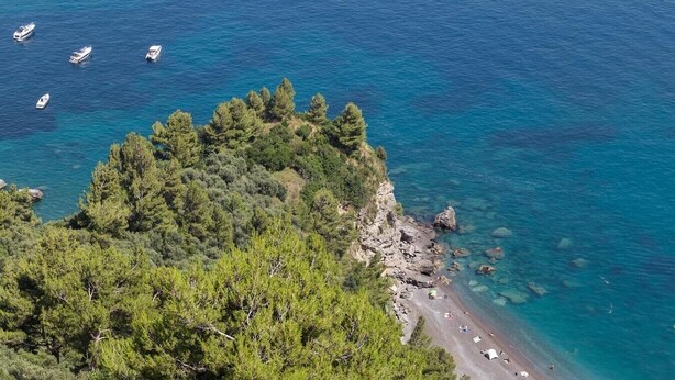 A coastal area with a beach, boats, and dense greenery.