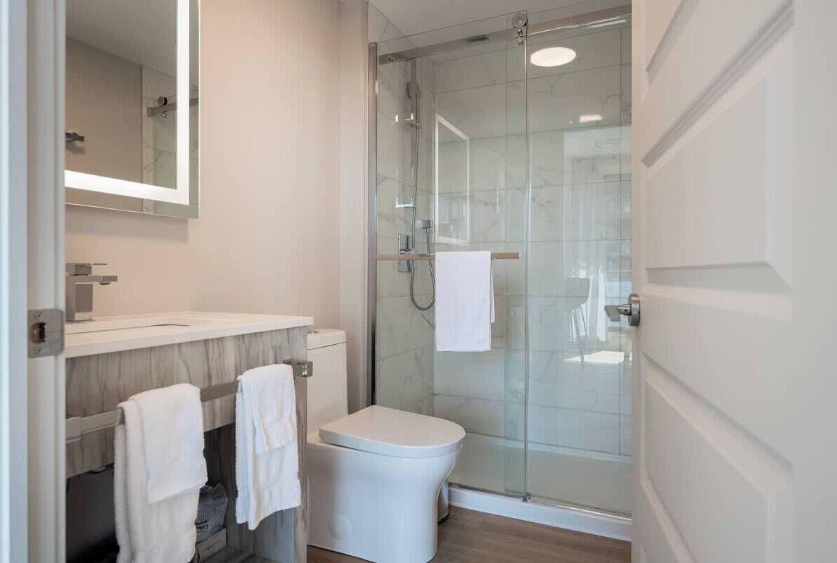 Douche, sèche-cheveux, shampoing