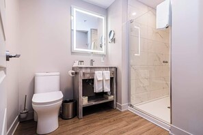 Shower, hair dryer, shampoo