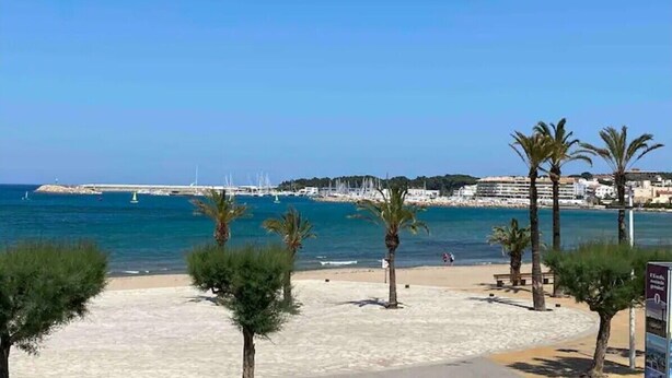 A beach with palm trees, a sandy shore, and a pier in the background. - Apartment 'Mimosa' with Sea View, Wi-Fi and Air Conditioning (L'Escala)