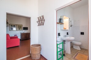 Chuveiro, secador de cabelo, toalhas de banho 