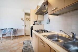 Una cucina compatta con piano cottura a gas, lavello doppio e mobili in legno.