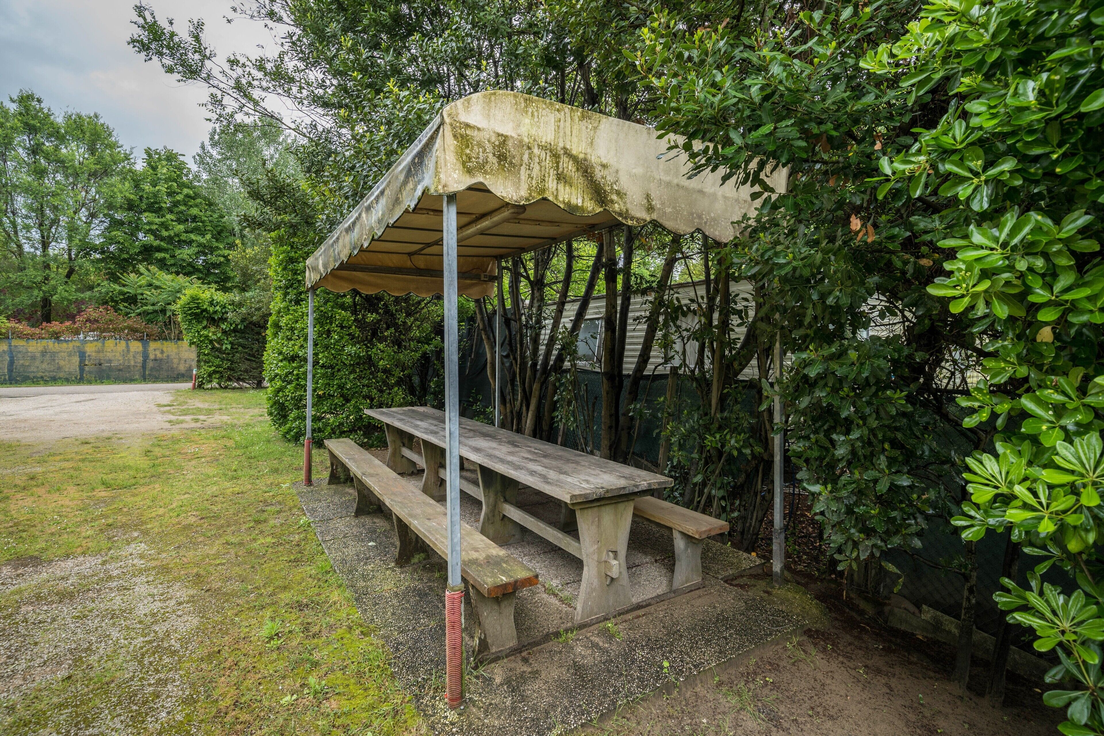 Een picknicktafel onder een overdekte constructie met een betonnen dak, omringd door groen.