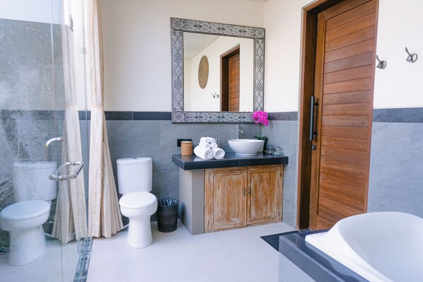 Secadora de cabello, toallas, jabón, papel de baño 