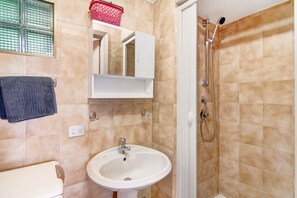 Shower, hair dryer, towels