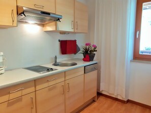 Fridge, stovetop, dishwasher, coffee/tea maker