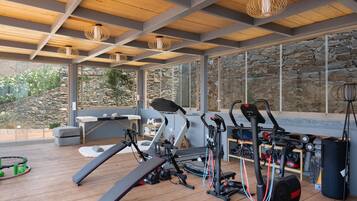 A gym with exercise equipment, large windows, and a stone wall.