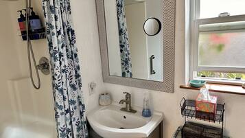 Hair dryer, towels, soap, shampoo