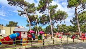 Un terrain de jeux doté de diverses installations, entouré d’arbres et de bâtiments.