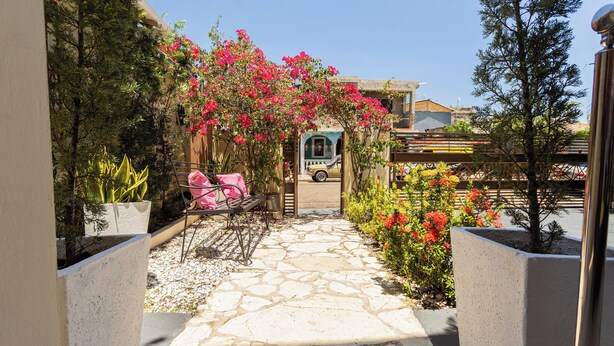A stone pathway leading to a bench under a flowering archway, surrounded by potted plants and a building entrance. - Modern 2BR near beach, dinning, and historic center, in the heart of the city (Puerto Plata)