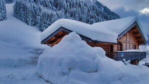 A wooden cabin surrounded by snow-covered trees and mountains.