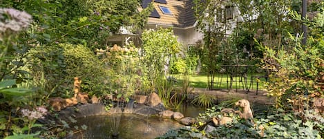 A garden with a pond, rocks, and various plants.