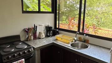 Fridge, oven, stovetop, coffee/tea maker
