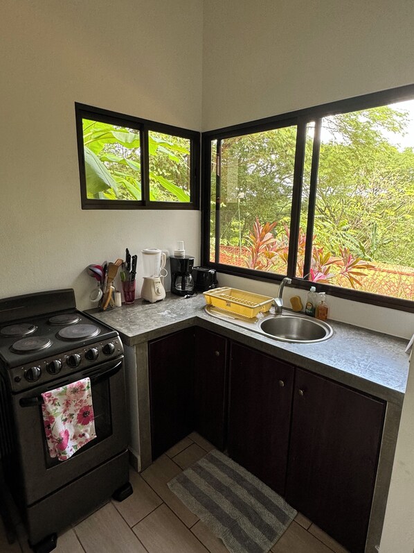 Fridge, oven, stovetop, coffee/tea maker