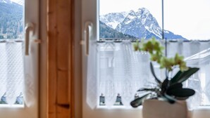 A room with a wooden door, a potted plant, and a view of snow-capped mountains through a window with sheer curtains. - Apartment 'Wank' with Mountain View, Balcony and Wi-Fi (Garmisch-Partenkirchen)