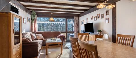 Televisión, reproductor de DVD, mesa de ping pong, estéreo