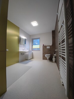 Een moderne badkamer met toilet, wastafel en spiegel.