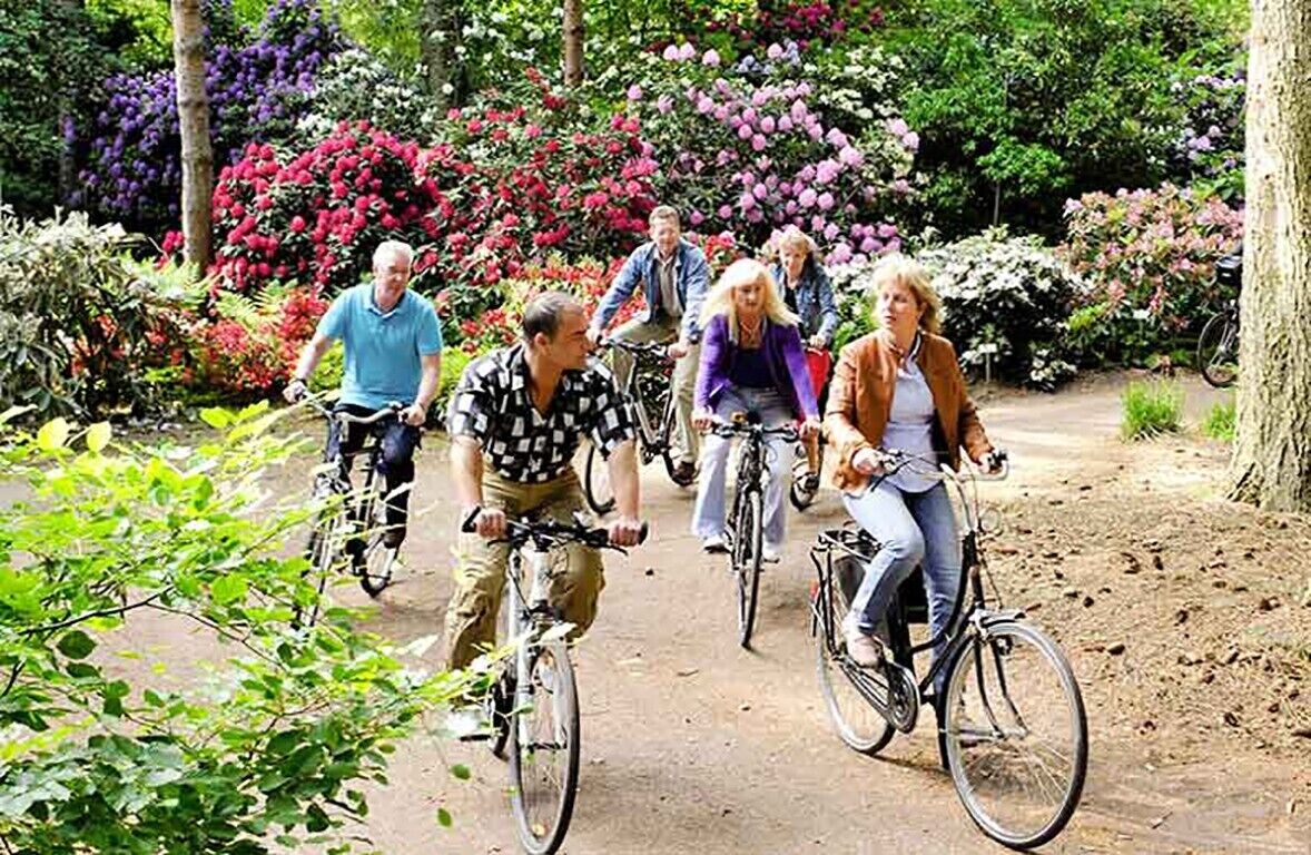 A group of people riding bicycles on a dirt path surrounded by lush greenery and flowering plants.