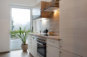 Une cuisine moderne équipée d’un four encastré, d’un évier et d’une plante en pot.