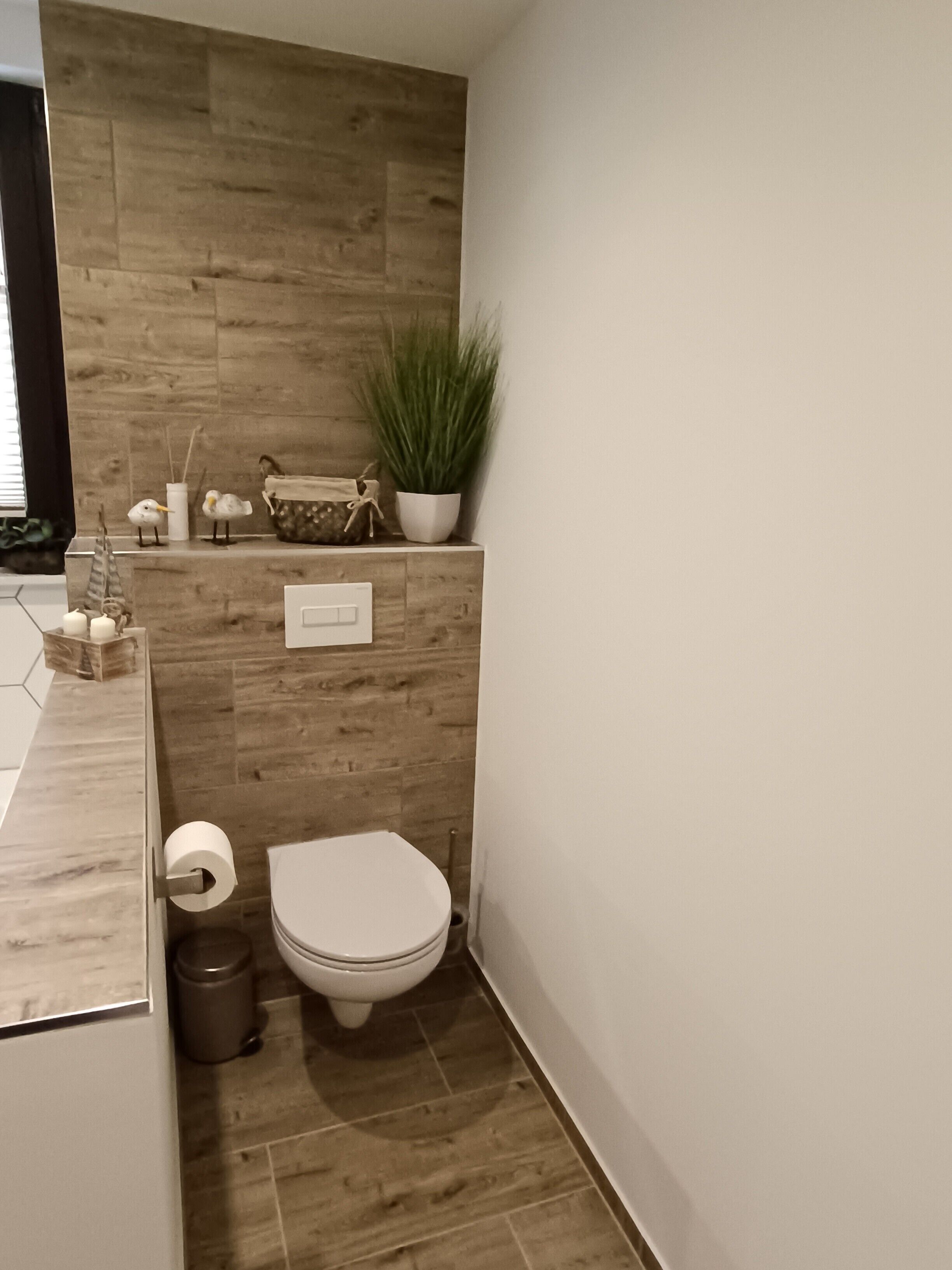 A modern bathroom with a wooden accent wall, a toilet, a trash can, and a small potted plant.