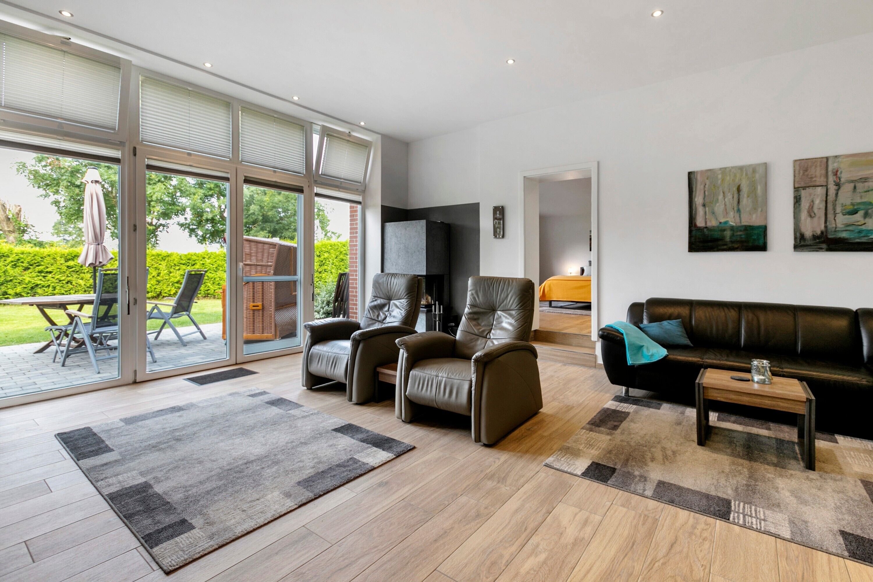 Televisión, chimenea, reproductor de DVD