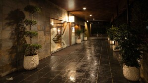 Un couloir avec un sol mouillé, des plantes en pot et une entrée de bâtiment portant l’inscription « LUXO ».