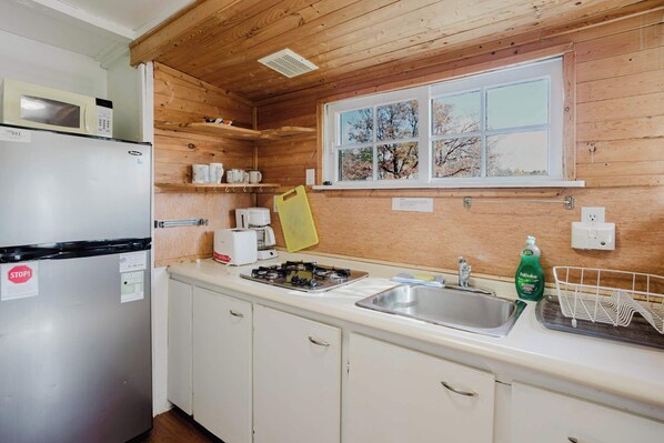 Fridge, microwave, stovetop, electric kettle