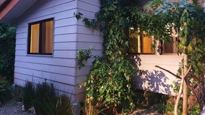 Una casa moderna con techo inclinado, una ventana con persianas amarillas y un porche con puerta de madera.