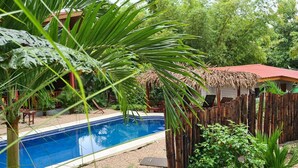 Una piscina rodeada de exuberante vegetación y una valla de madera.