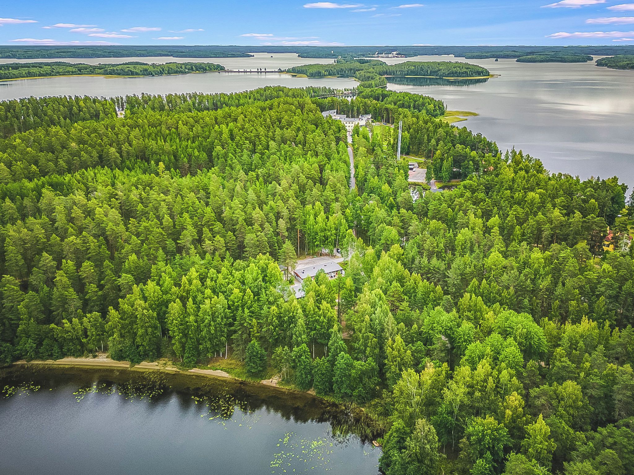 A forested area with a lake, a bridge, and a building with a flat roof.