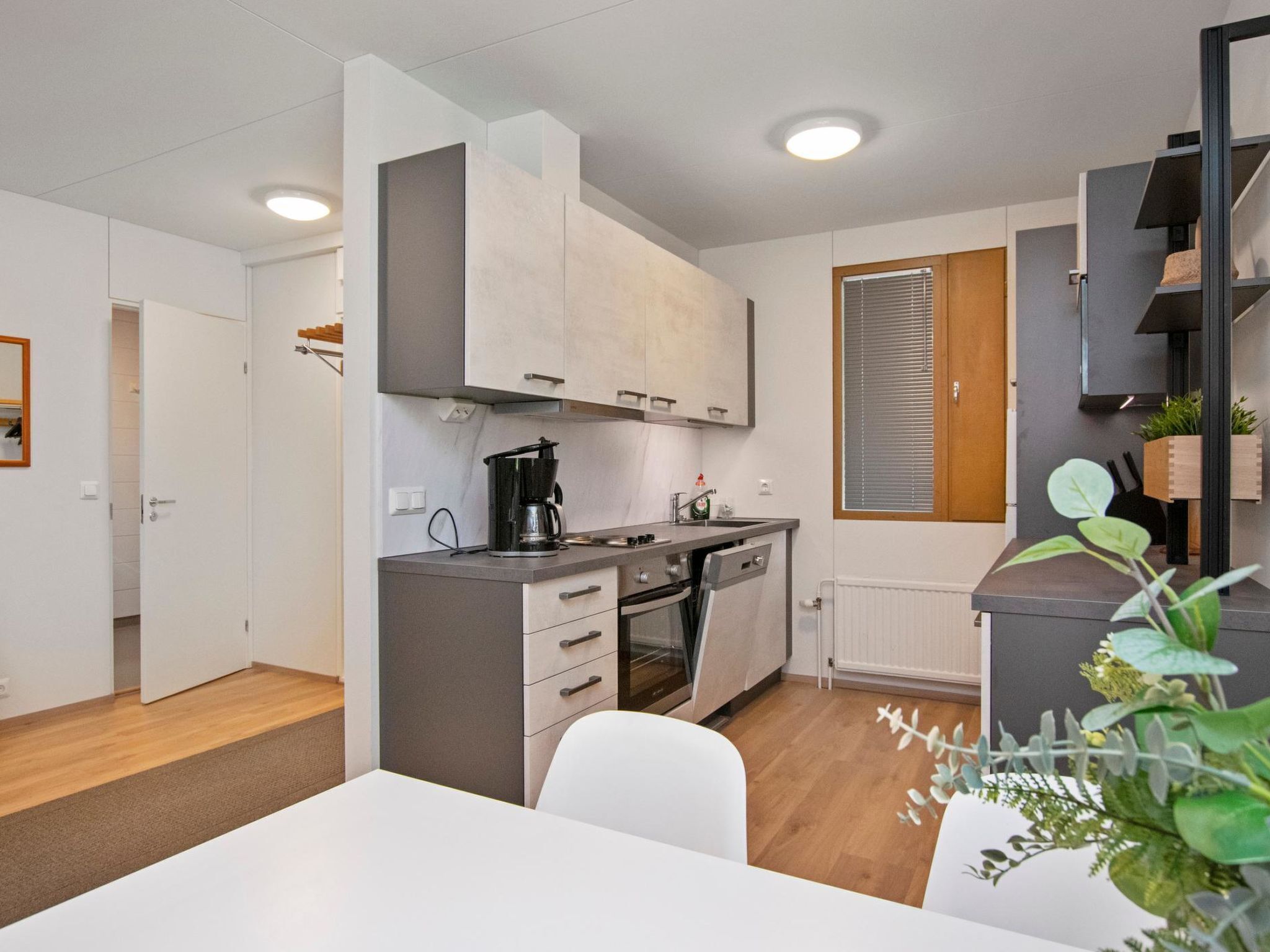 Fridge, microwave, dishwasher, cookware/dishes/utensils