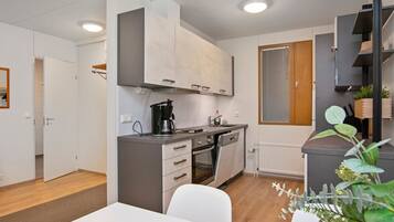 Fridge, microwave, dishwasher, cookware/dishes/utensils