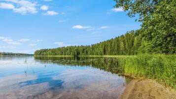 A calm lake with a forested shoreline and clear sky.