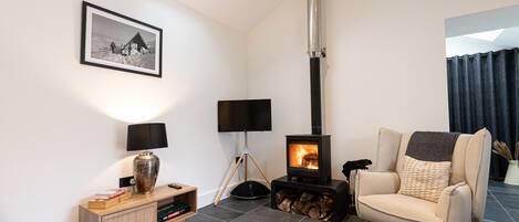 Una sala de estar con chimenea, un sofá, un televisor y una estantería.