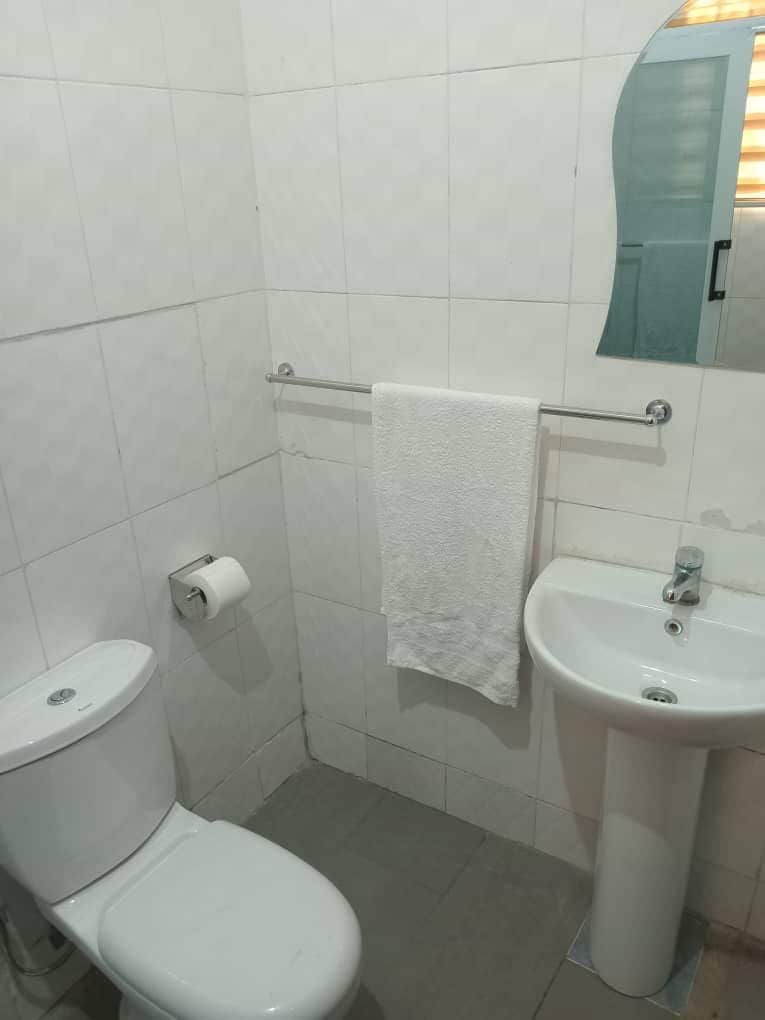 Ein Badezimmer mit Toilette, Waschbecken und Handtuchhalter.