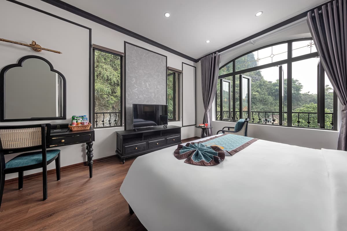 A hotel room with a large bed, a television, a desk with a chair, and large windows offering a view of greenery.