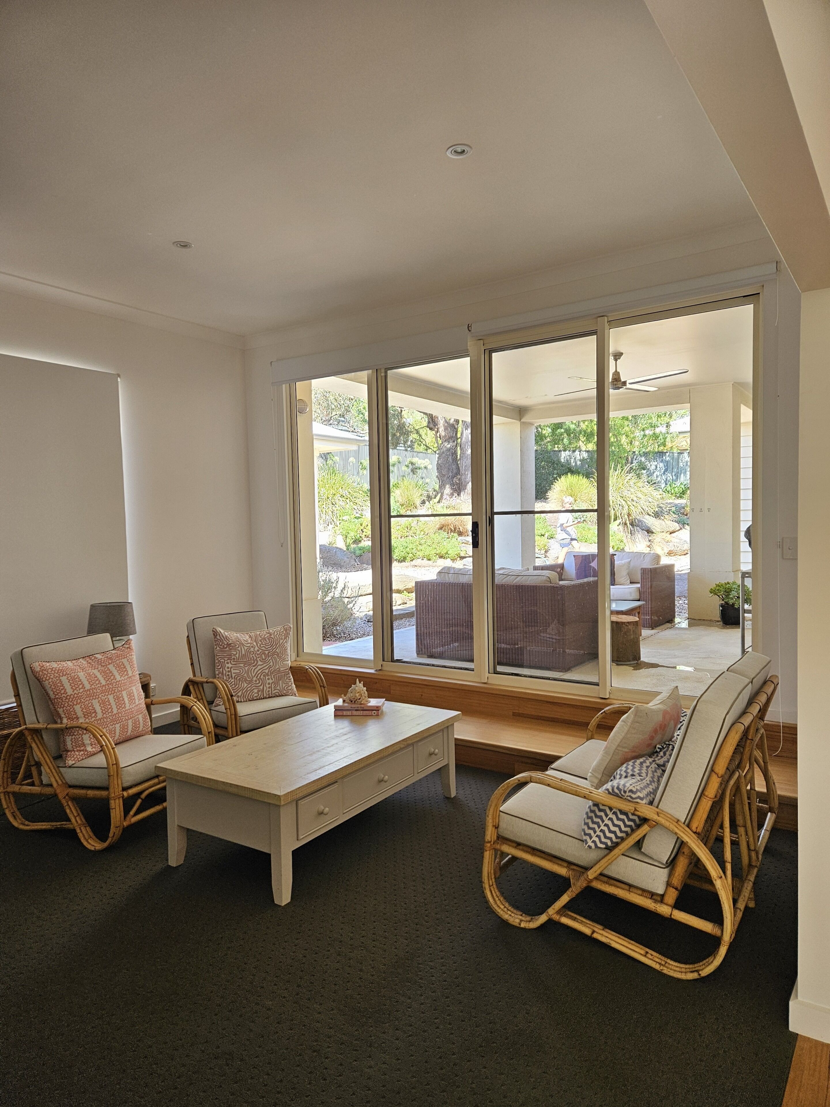 TV, fireplace, books