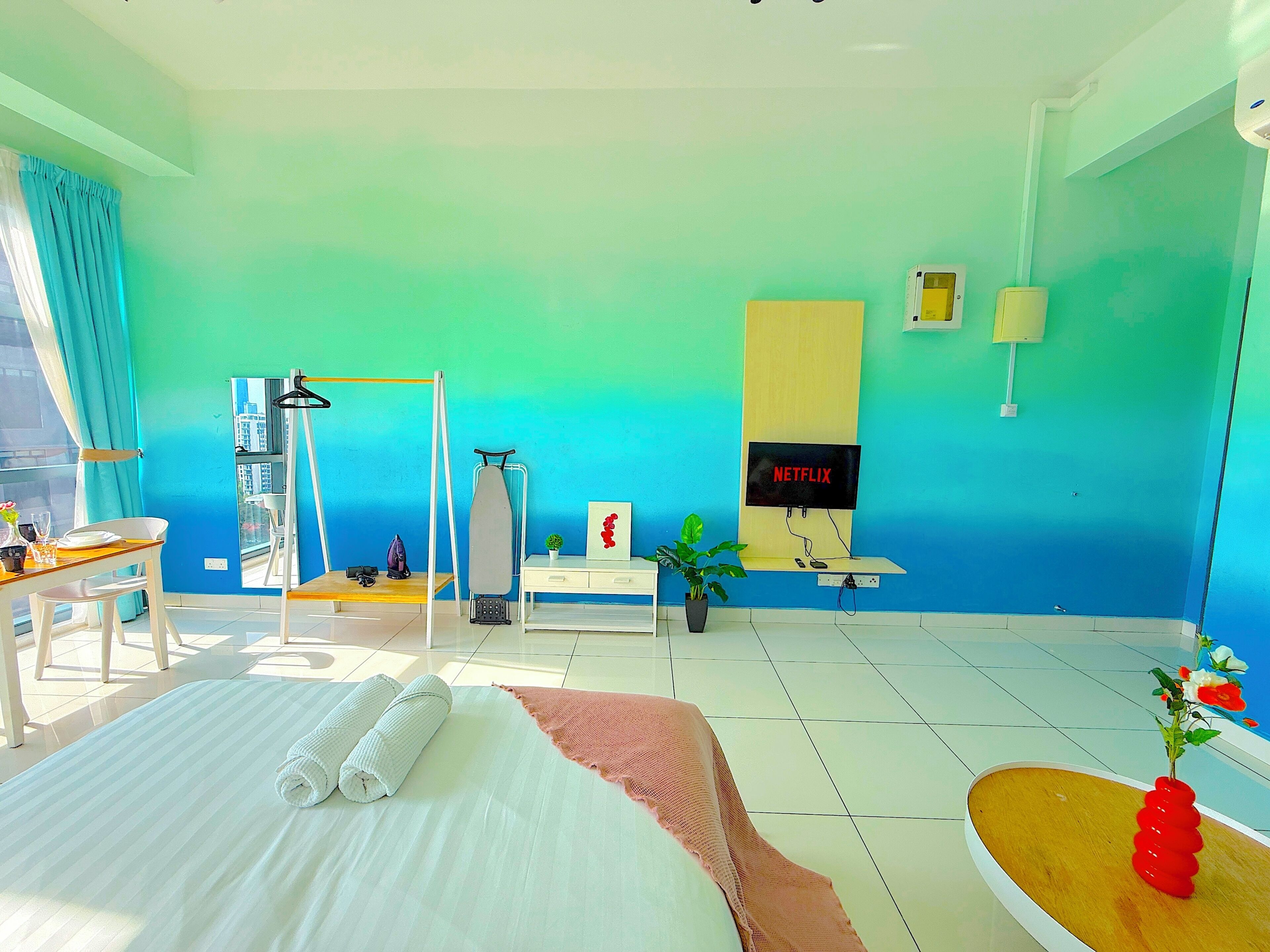 Estúdio família, 1 cama Queen, geladeira e micro-ondas, vista para a cidade | Roupas de cama de algodão egípcio, roupas de cama premium