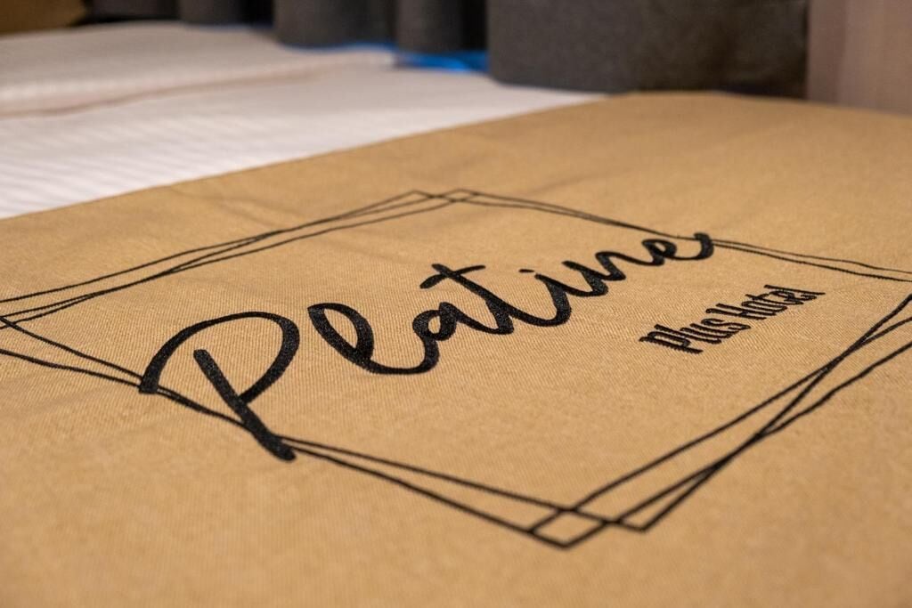 Un coussin sur lequel est inscrit le texte « Platine Plus Home ».