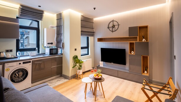 A modern apartment with a kitchen, living area, and a TV mounted on the wall. - The Platine Plus Suite (Istanbul)