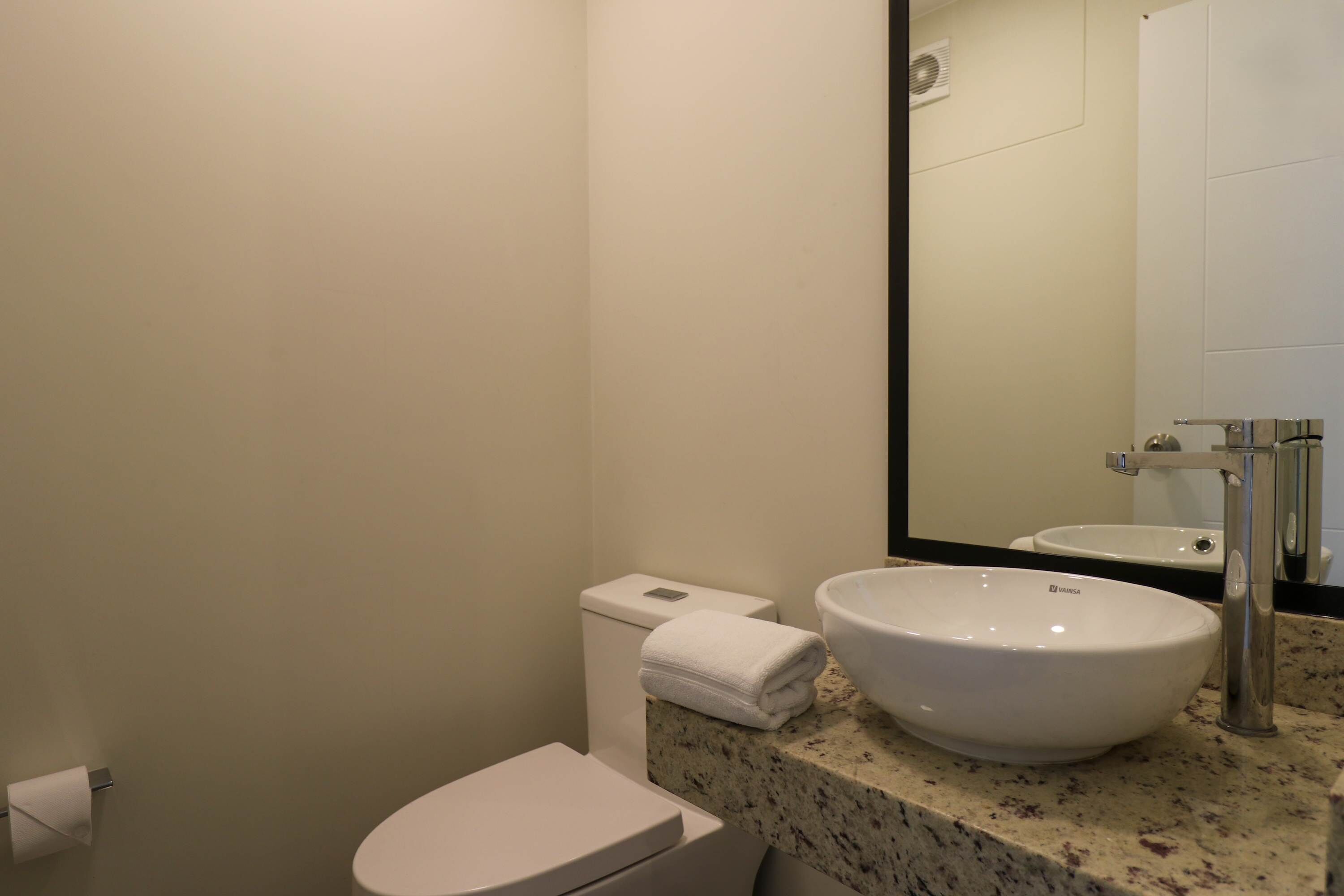 A bathroom with a toilet, a sink, and a mirror.