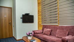 A room with a wooden door labeled 207, a television mounted on the wall, a pink sofa, a wooden coffee table with a vase of flowers and remotes, and a window with blinds. - Port Hotel (Baku)