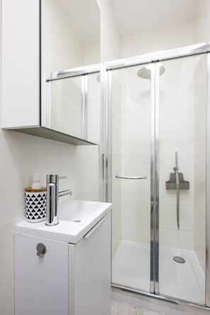 Douche, séchoir à cheveux, serviettes fournies, savon