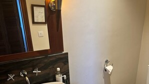 Un bagno con lavandino bianco, piano d'appoggio scuro e vaso igienico bianco. Si nota un porta asciugamani con un asciugamano appeso, un certificato incorniciato sulla parete e un lampadario a parete.