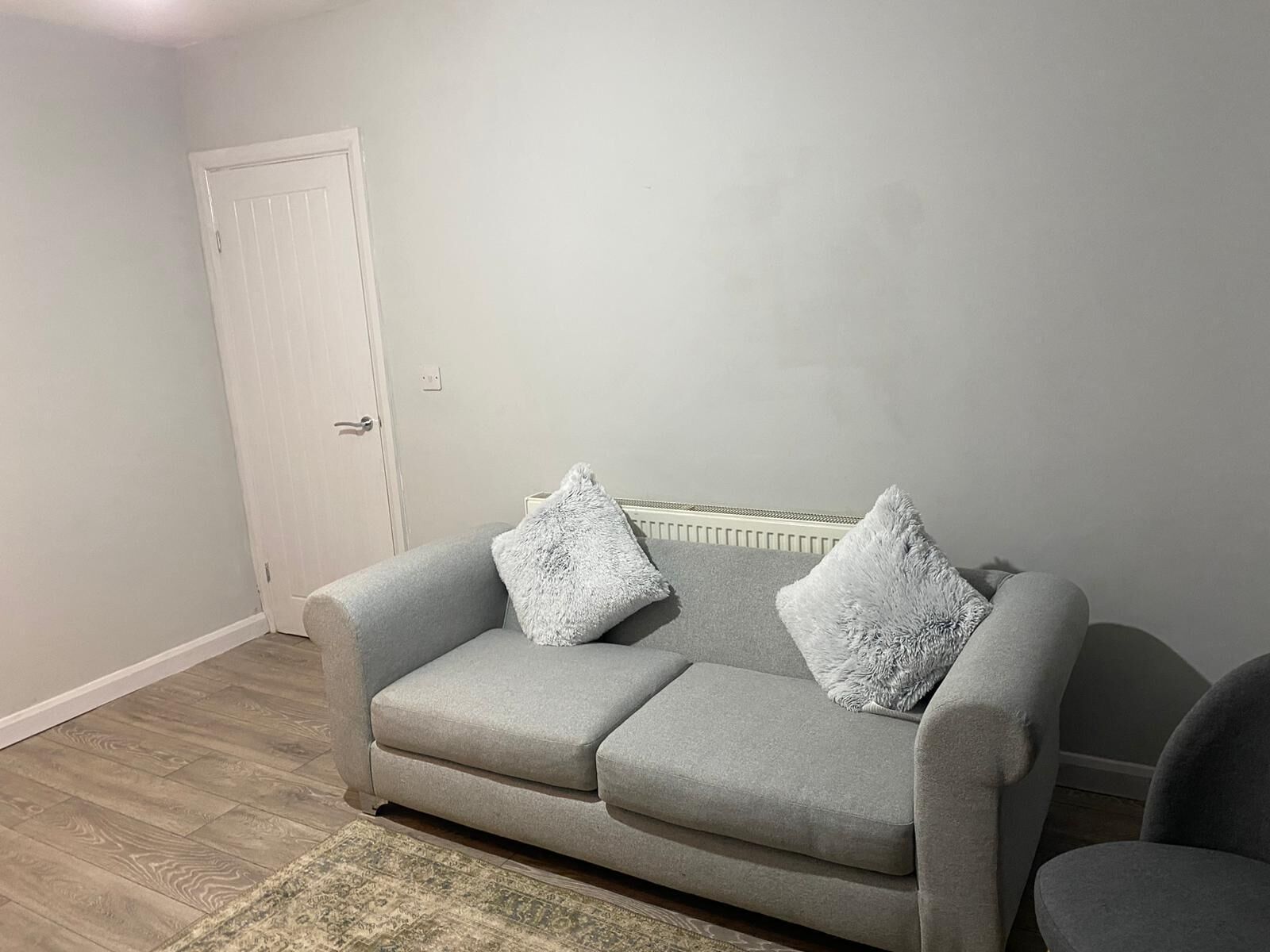 A grey sofa with two fluffy pillows, a wooden floor, and a white door.